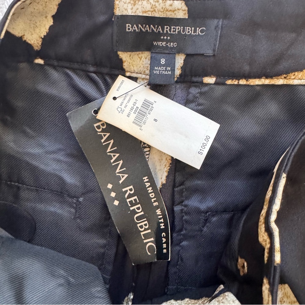 NWT Banana Republic Silky Black and Tan Leaf Print Wide Leg Women's Pants Size 8 - Picture 6 of 11